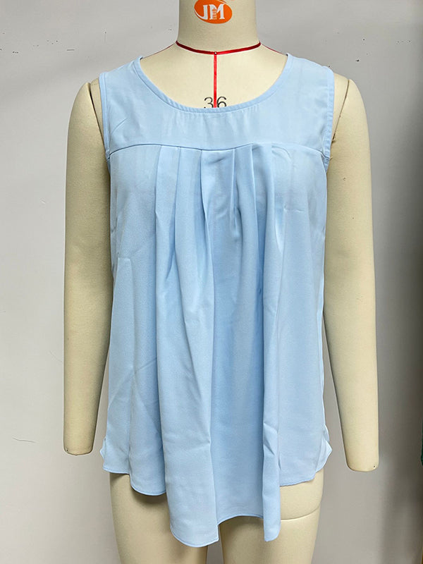 Pleated Solid Color Split-Joint Loose Sleeveless Round-Neck Vest Top