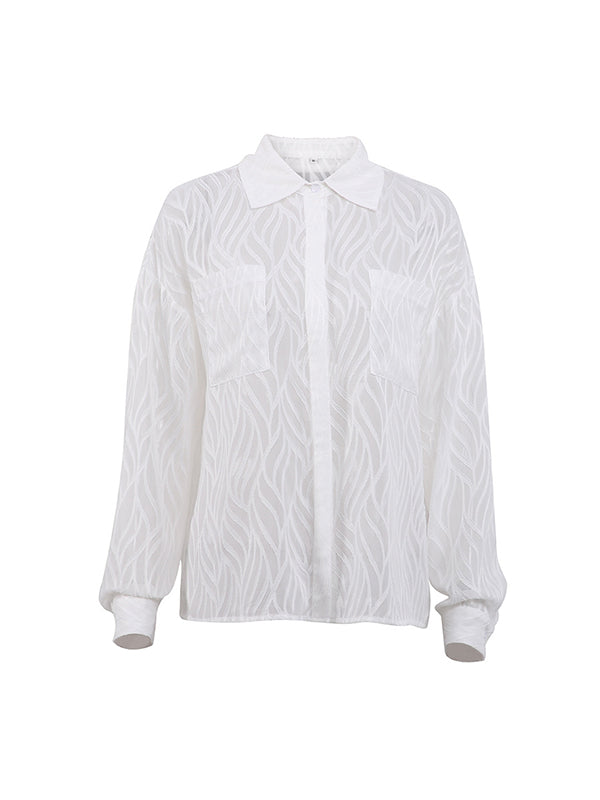 Buttoned Pockets See-Through Solid Color Split-Joint Long Sleeves Loose Lapel Blouses&Shirts Tops