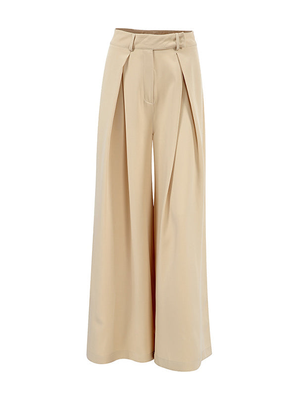 Pleated Solid Color Split-Joint High Waisted Loose Trousers Suit Pants