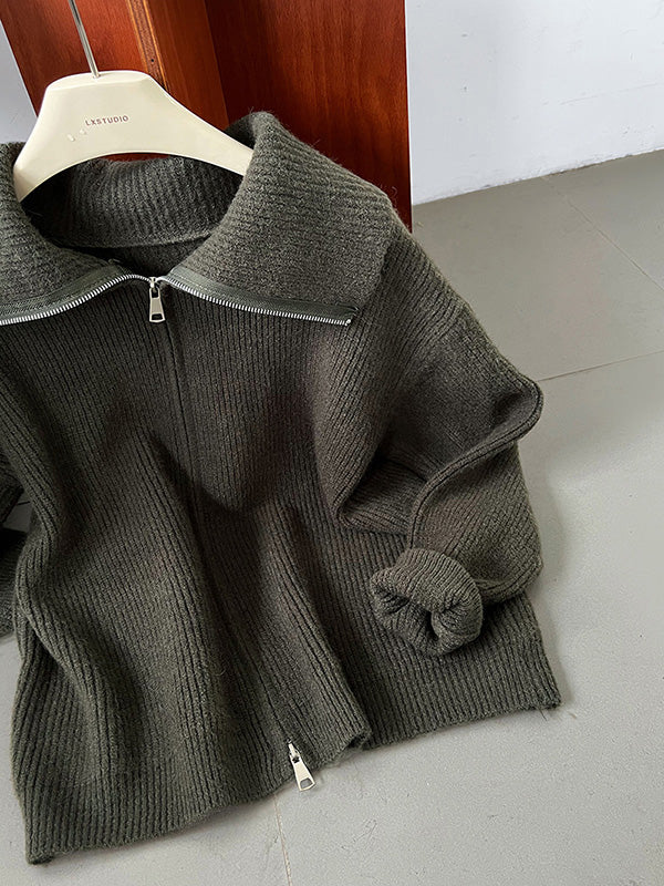 Solid Color Zipper Long Sleeves Loose Lapel Cardigan Tops
