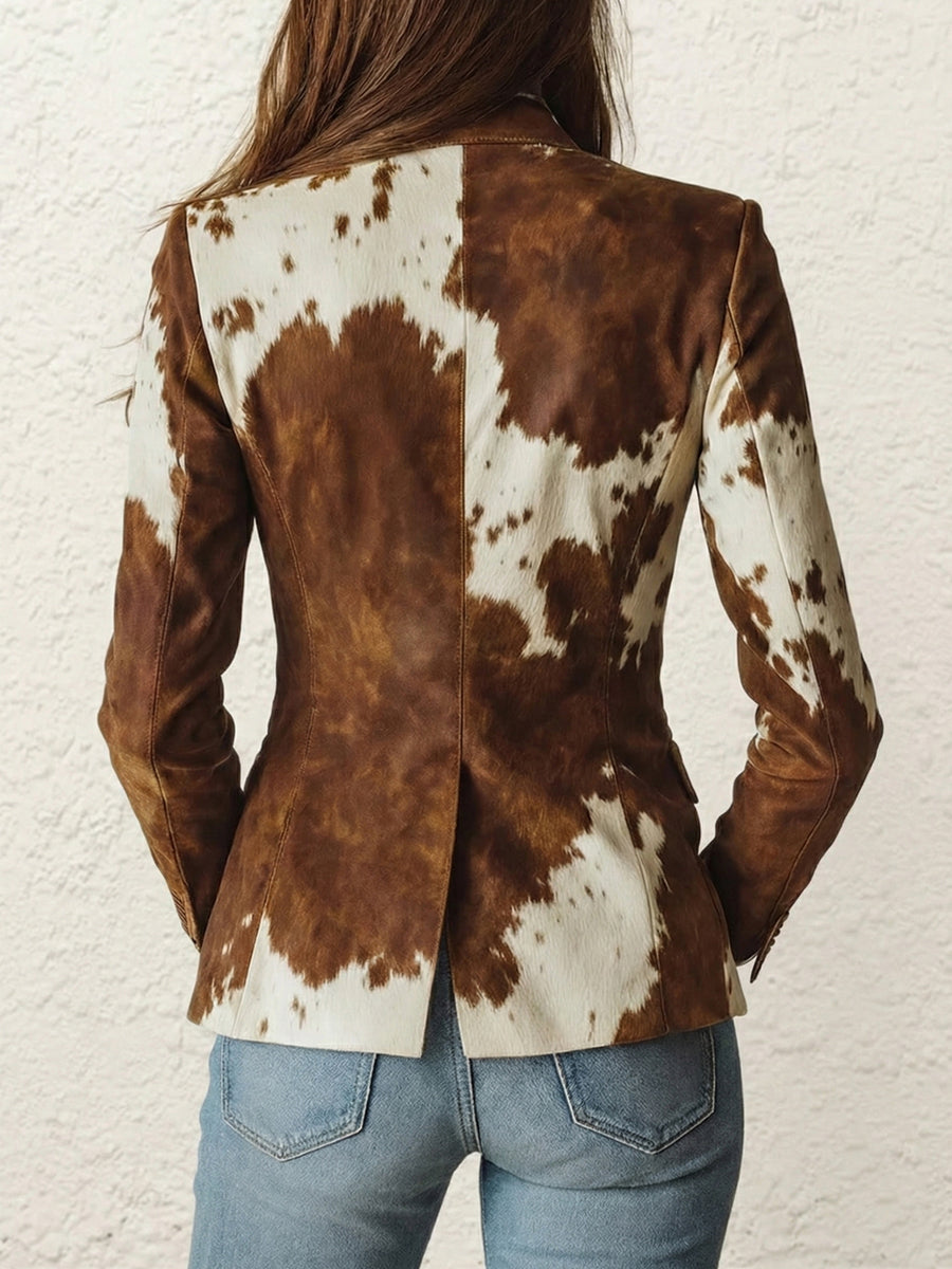 Buttoned Contrast Color Pockets Printed Split-Back Long Sleeves Notched Collar Outerwear Blazer