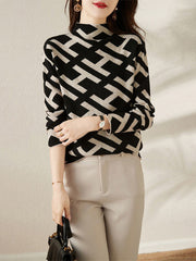 Original Skinny Long Sleeves Contrast Color Jacquard High-Neck Sweater Tops
