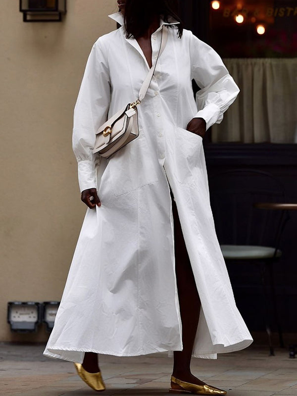 Buttoned Pockets Solid Color Long Sleeves Loose Lapel Shirt Dress Maxi Dresses