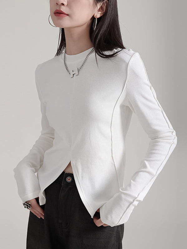 Solid Color Split-front Long Sleeves Skinny Round-neck T-Shirts Tops
