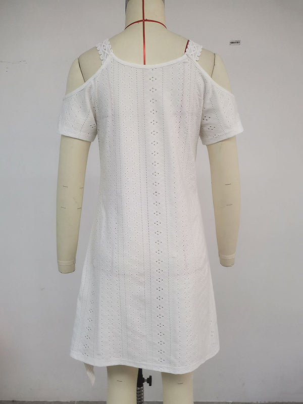 Hollow Solid Color Split-Joint A-Line High Waisted Cold Shoulder Mini Dresses
