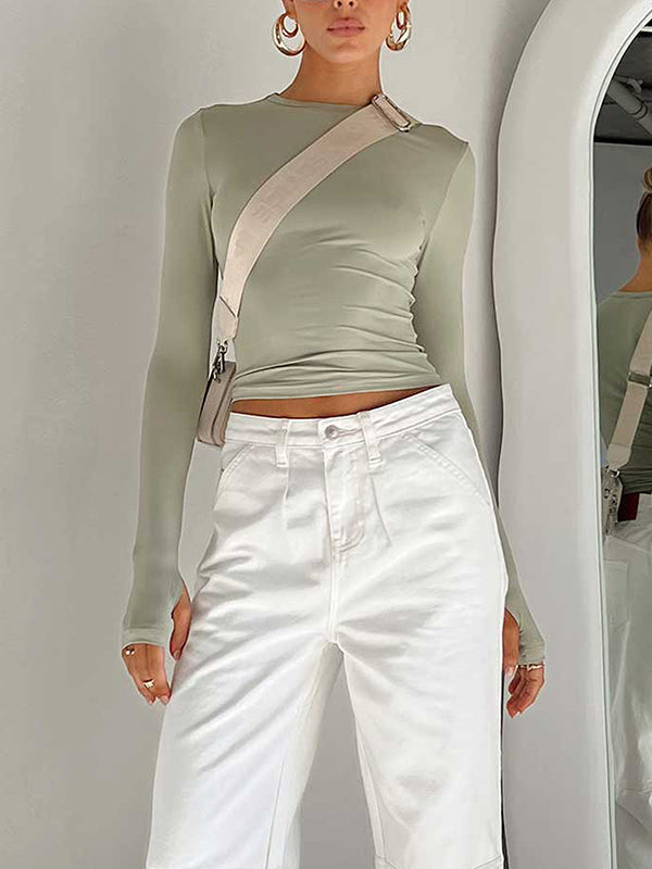Hollow Solid Color Long Sleeves Skinny Round-Neck T-Shirts Tops