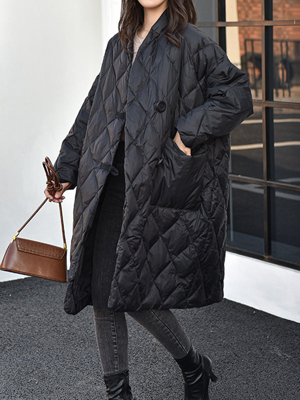 Pockets Rhombic Split-Joint Long Sleeves Loose V-Neck Down Coat