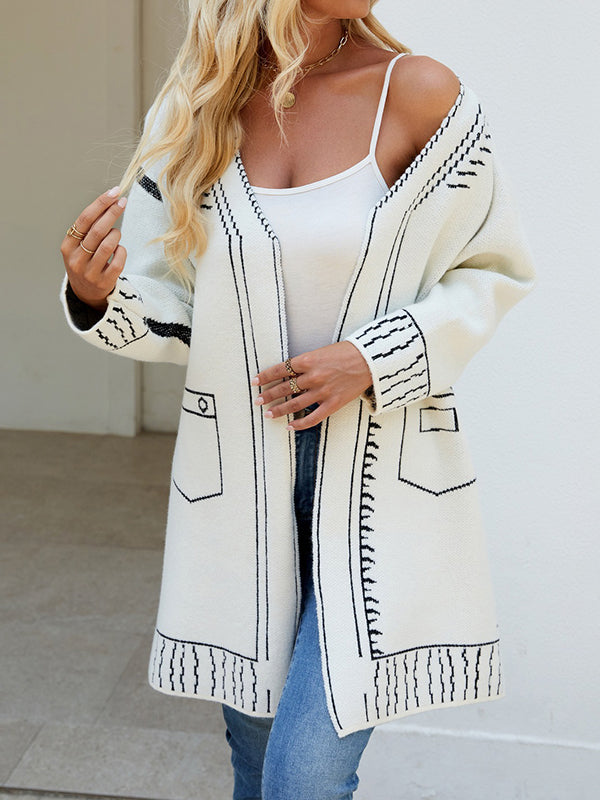 Jacquard Split-Joint Long Sleeves Loose V-Neck Cardigan Tops