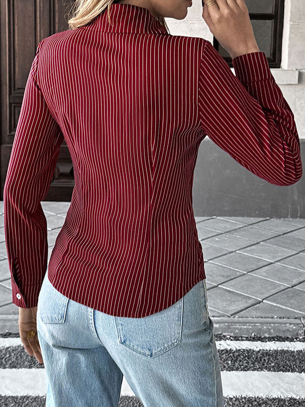 Buttoned Contrast Color Striped Long Sleeves Skinny Lapel Blouses&Shirts Tops