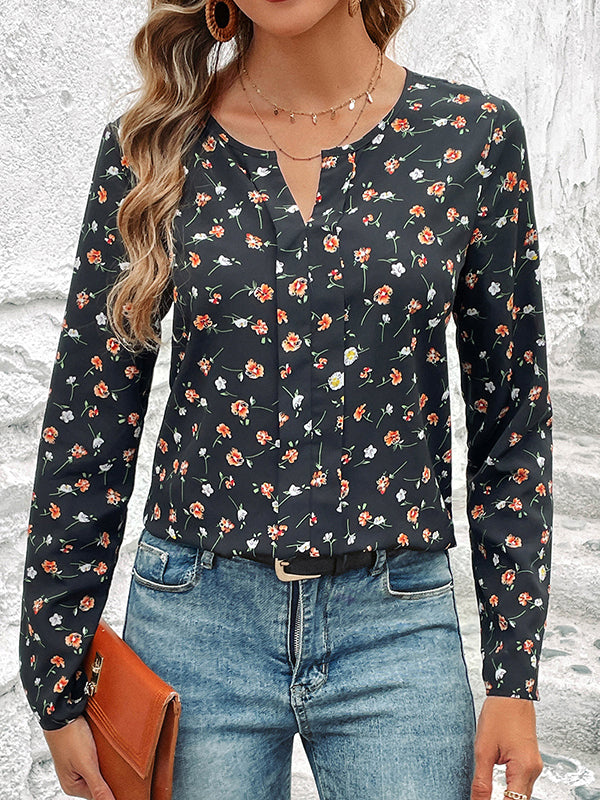 Flower Print Long Sleeves Loose Round-Neck Blouses&Shirts Tops