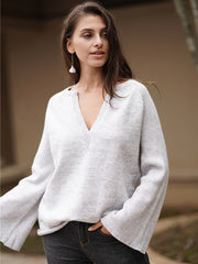 Casual Long Sleeves Loose Solid Color V-Neck Sweater Tops