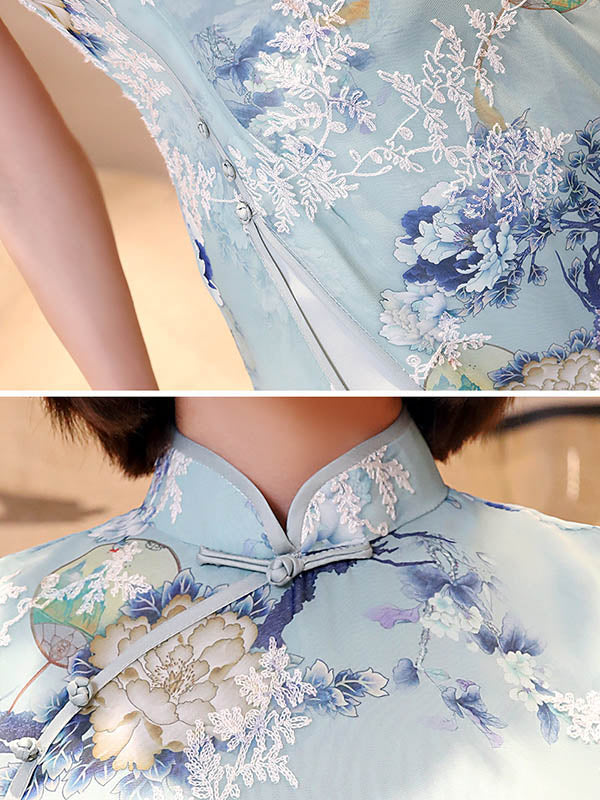 Original Applique Stand Collar Long Cheongsams