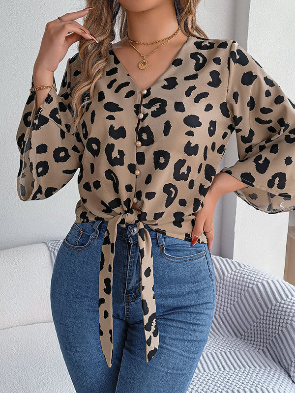 Buttoned Leopard Tied Flared Sleeves Half Sleeves V-Neck Blouses&Shirts Tops