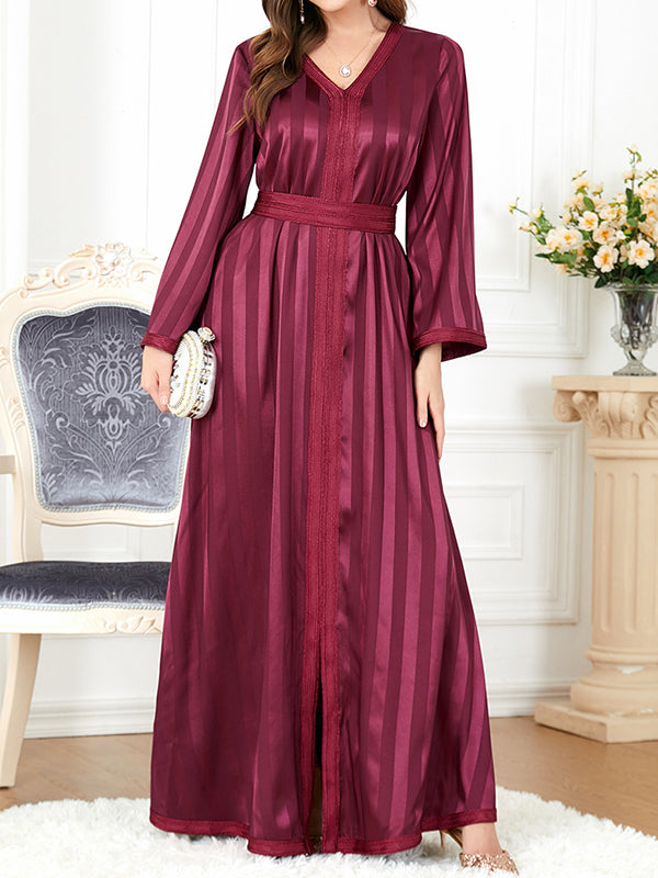 Split-Front Split-Joint Striped Tied Waist A-Line Long Sleeves Maxi Dresses