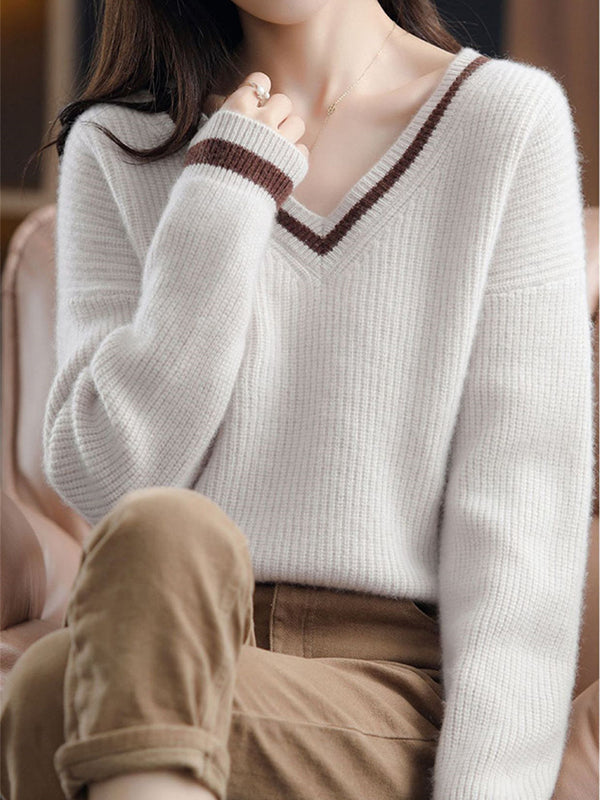 Urban Loose Long Sleeves Contrast Color V-Neck Sweater Tops