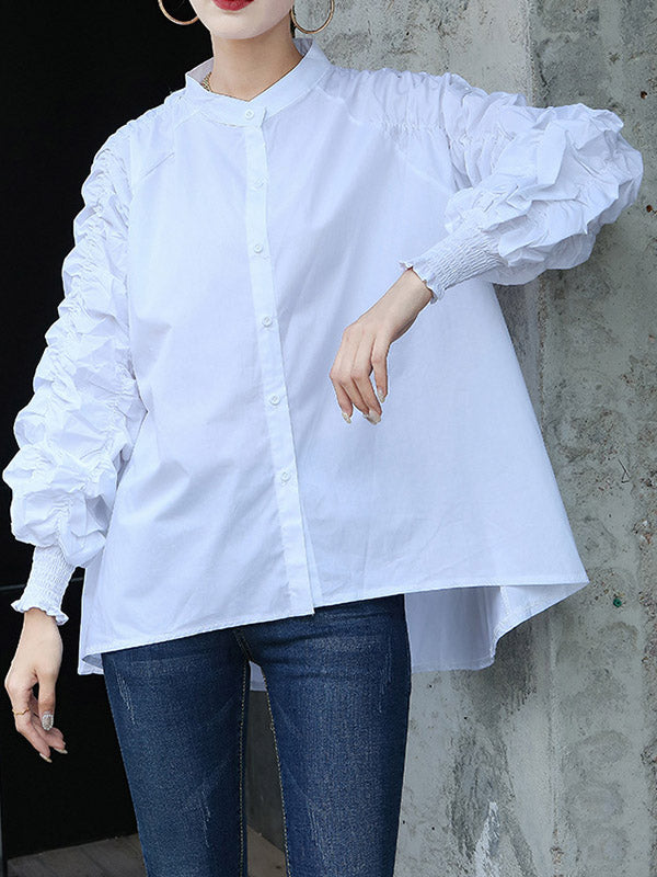 Elasticity Pleated Solid Color Split-Joint High-Low Long Sleeves Round-Neck Blouses