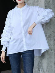 Elasticity Pleated Solid Color Split-Joint High-Low Long Sleeves Round-Neck Blouses