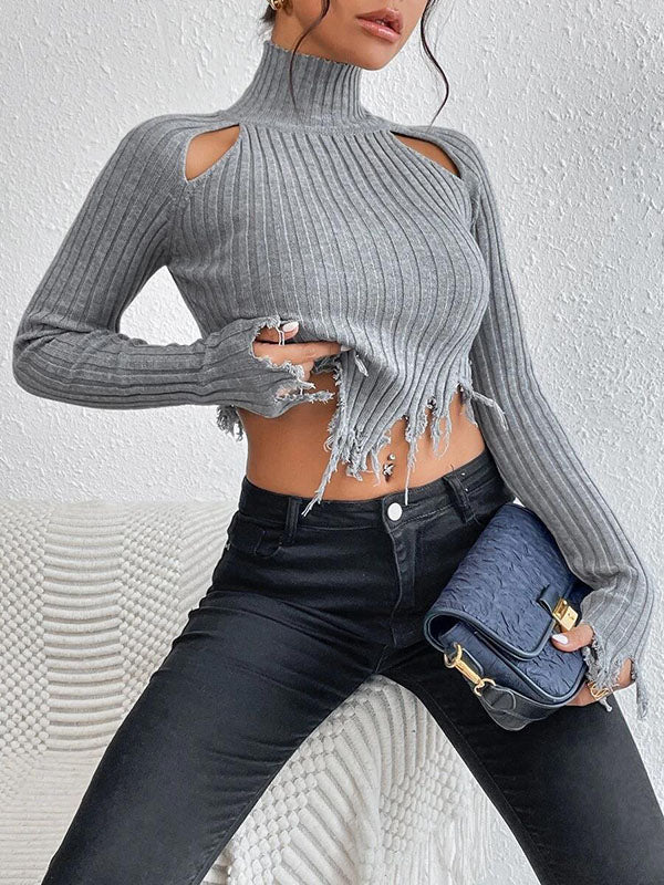 Fringed Hollow Solid Color Split-Joint Long Sleeves Skinny High Neck Sweater Tops