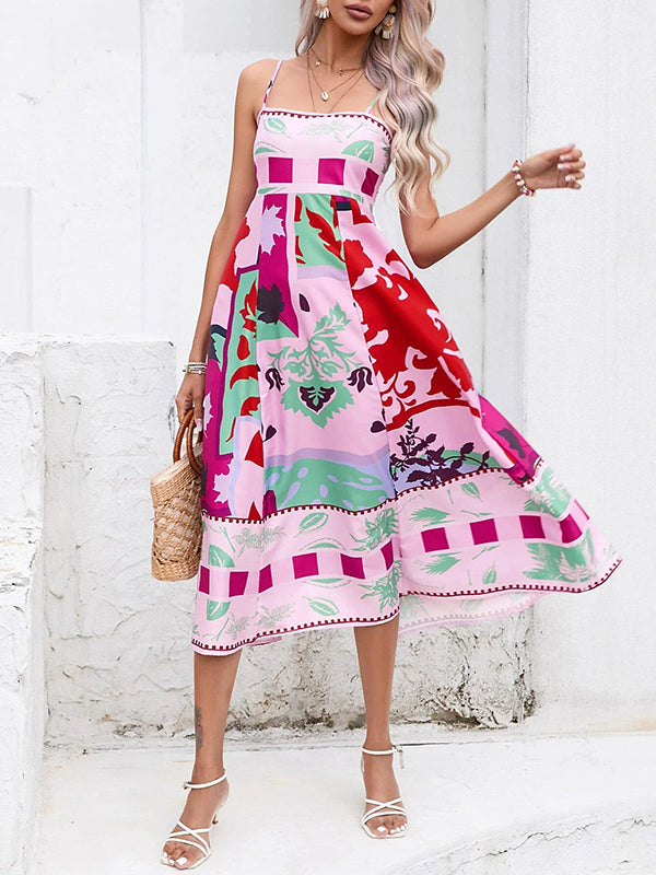 Pleated Printed Split-Joint High Waisted Sleeveless Collarless Slip Dress Midi Dresses