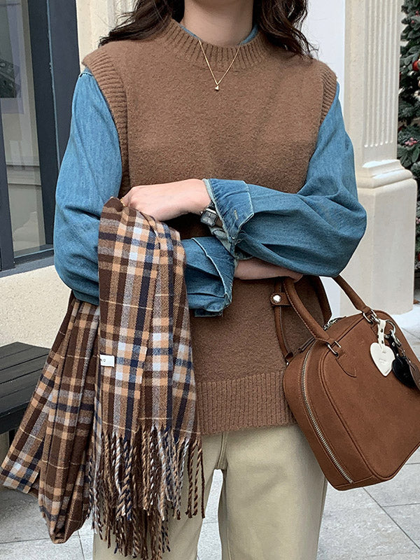 Solid Color Split-Joint Split-side High-low Loose Round-neck Vest Top Knitwear
