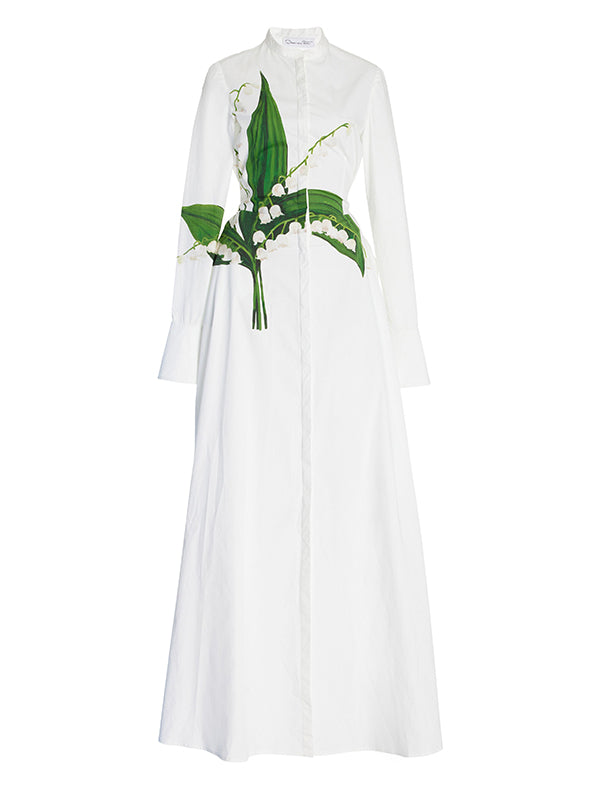 Buttoned Flower Print A-Line Long Sleeves Round-Neck Maxi Dresses