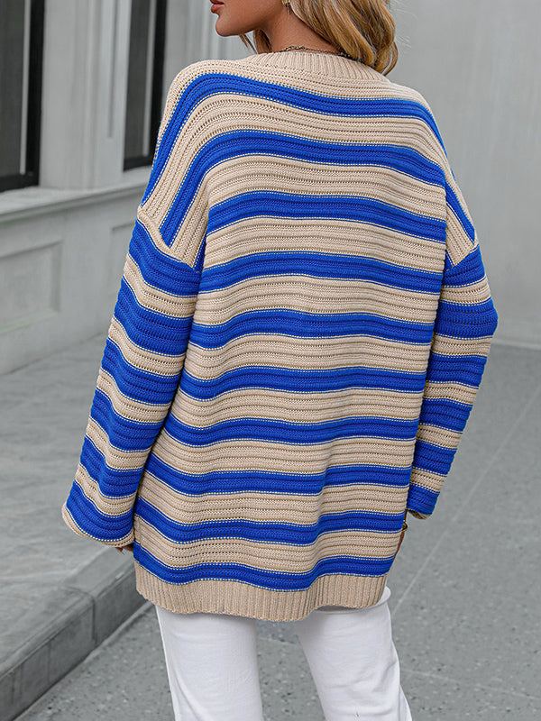 Striped Long Sleeves Loose Round-Neck Sweater Tops Pullovers