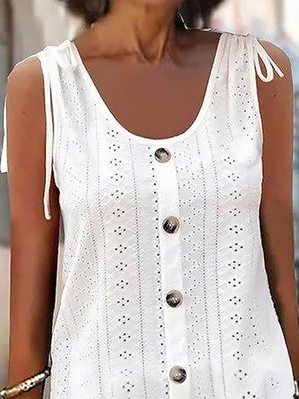 Buttoned Hollow Tied Loose Sleeveless Round-Neck Mini Dresses