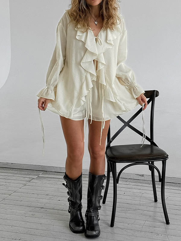 V-Neck Long Sleeves Loose Ruffle Trim Solid Color Tied Blouses&Shirts Tops + Elasticity Shorts Bottom Two Pieces Set