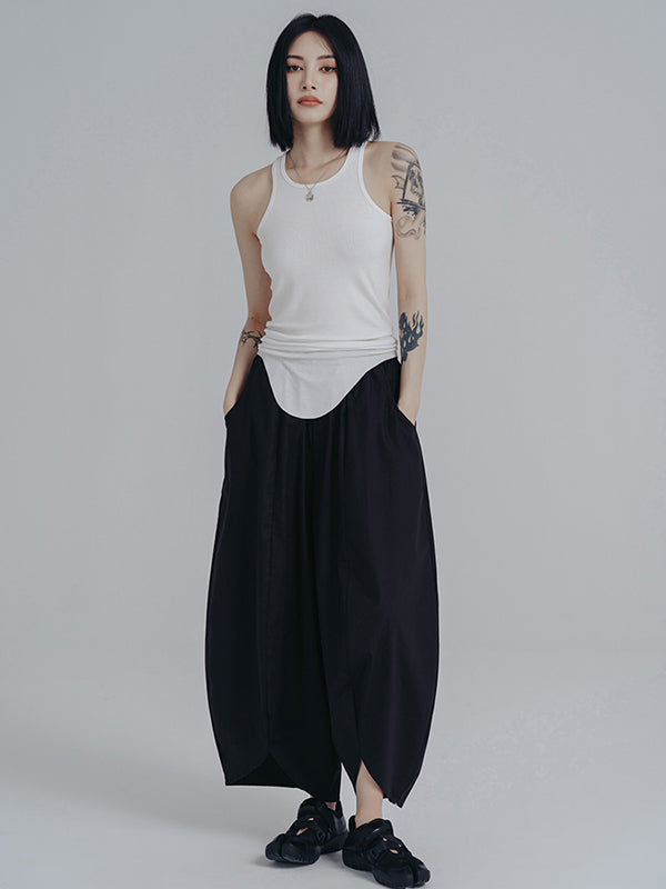 Simple Loose Elasticity Waist Wide Leg Solid Color Pants