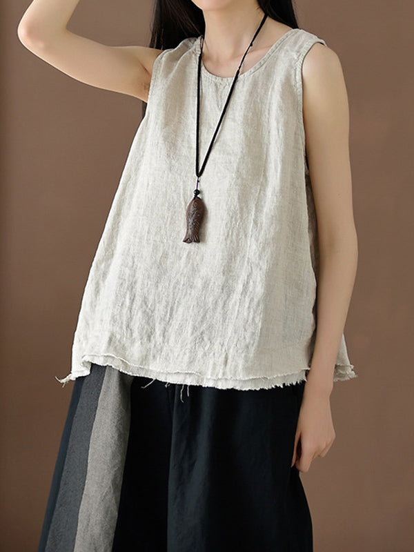 Fringed Solid Color Loose Sleeveless Round-Neck Vest Top