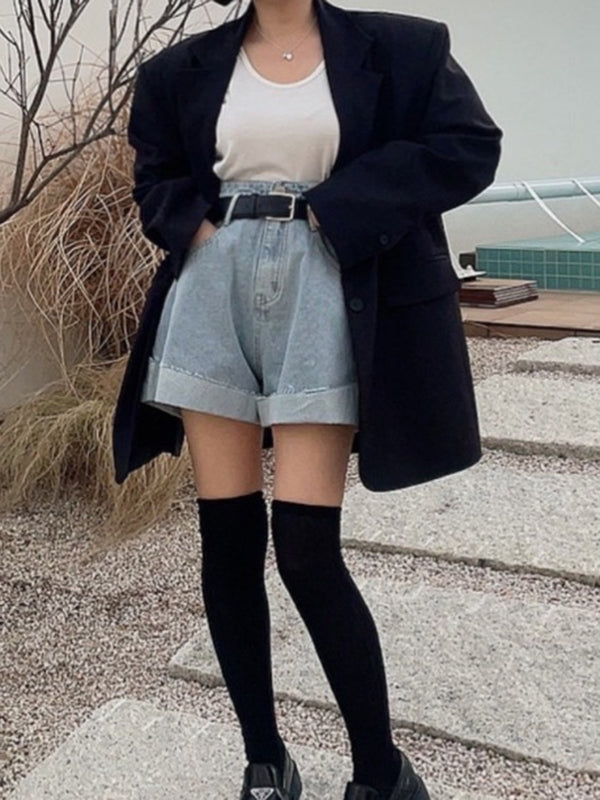 Belted Buttoned Pockets Split-Joint High Waisted Loose Denim Shorts