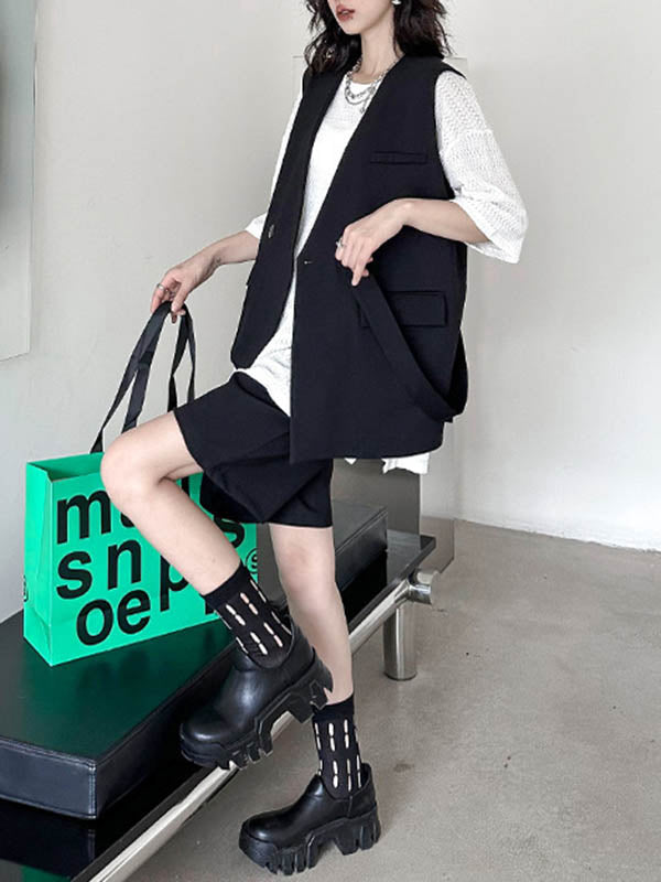 Asymmetric Split-Joint Tied Waist Loose Sleeveless V-neck Vest Outerwear