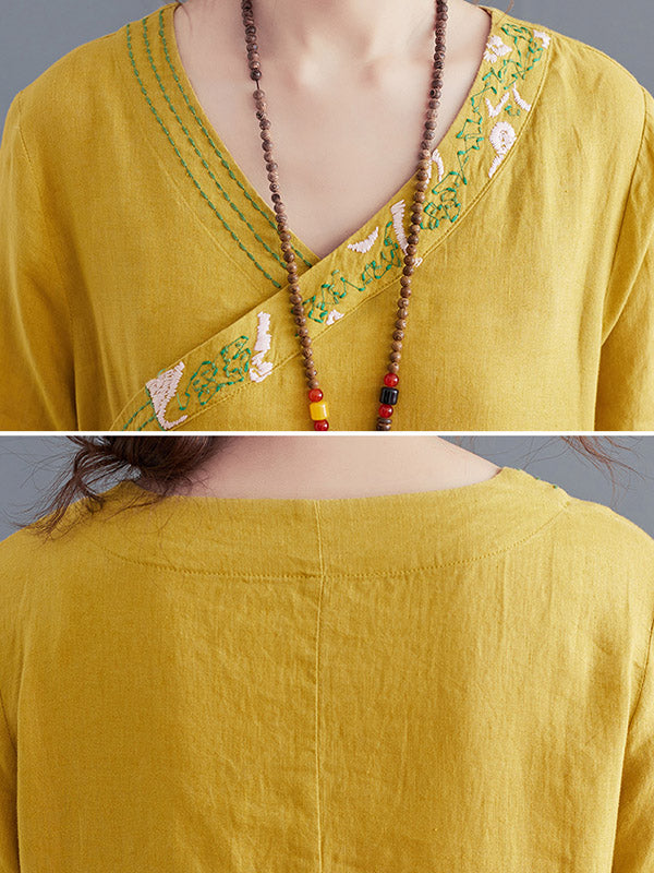 Cotton Blend V-Neck Embroidered Midi Dress