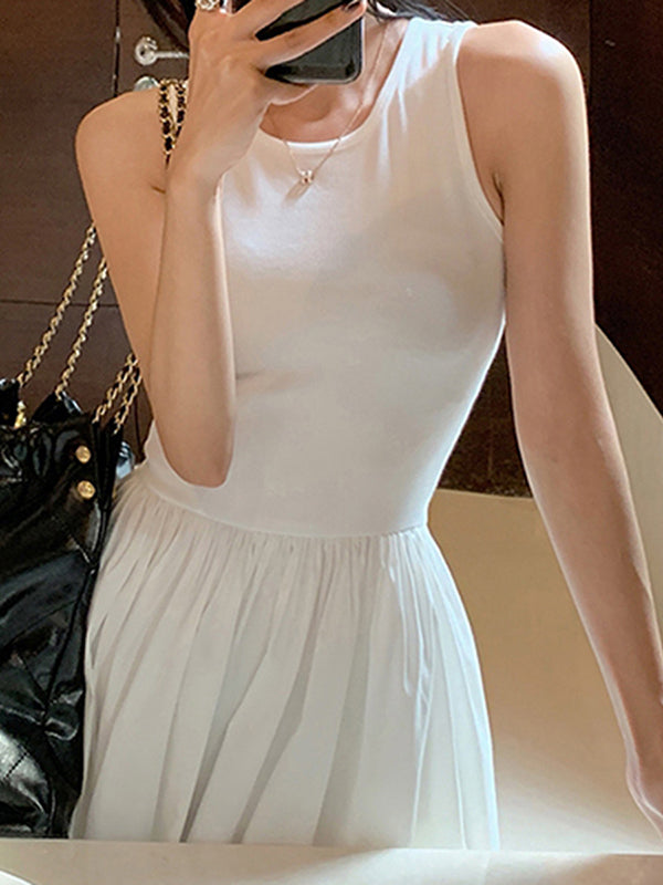 Pleated Pockets Solid Color Split-Joint High Waisted Sleeveless Round-Neck Midi Dresses