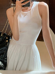 Pleated Pockets Solid Color Split-Joint High Waisted Sleeveless Round-Neck Midi Dresses