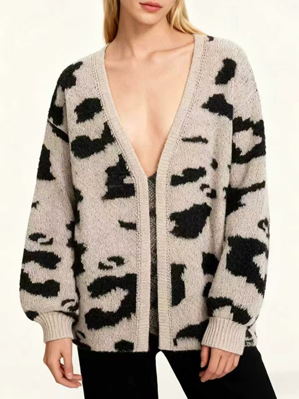 Contrast Color Leopard Print Long Sleeves Loose Cardigan Tops