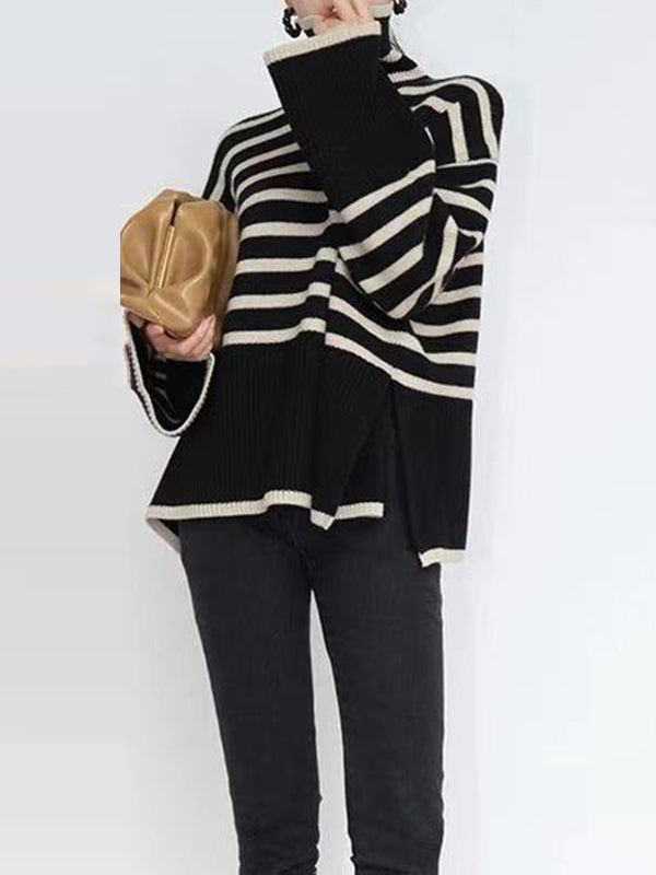 Contrast Color Split-Joint Split-Side Striped Long Sleeves Loose High Neck Sweater Tops