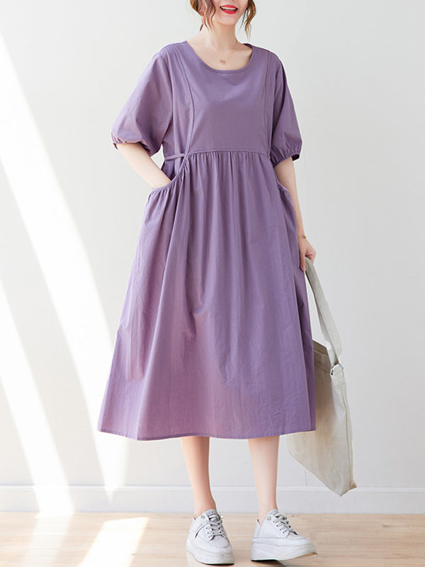 Casual Half Sleeves Loose Elasticity Split-Joint Solid Color Midi Dresses