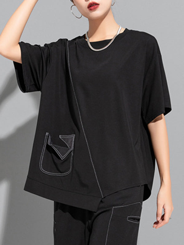 Asymmetric Solid Color Split-Joint Loose Short Sleeves Round-Neck T-Shirts Tops