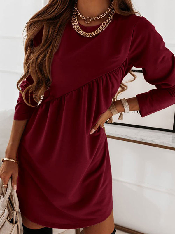 Casual Loose Long Sleeves Solid Color Round-Neck Mini Dresses
