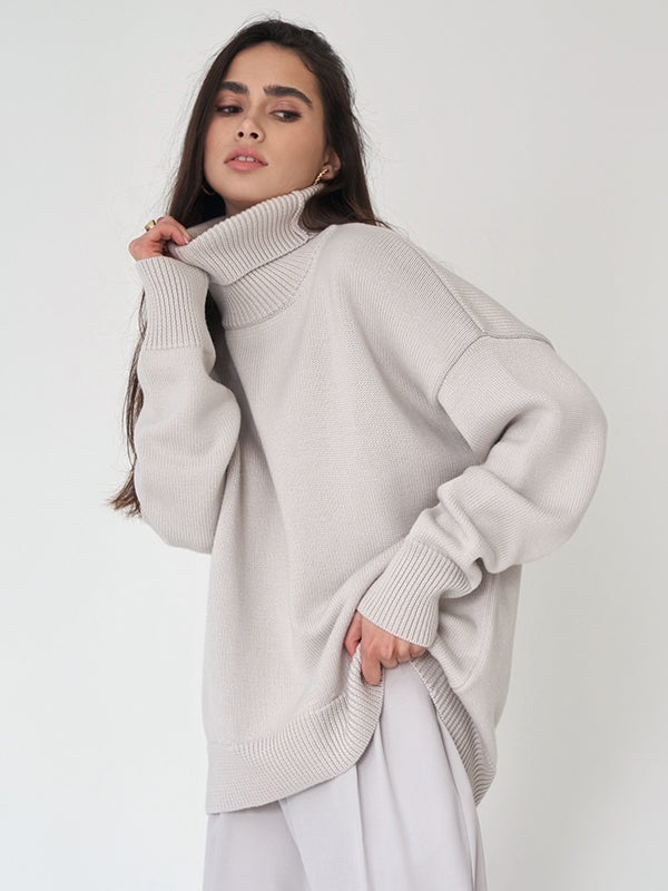 Casual Long Sleeves Loose Solid Color High-Neck Sweater Tops