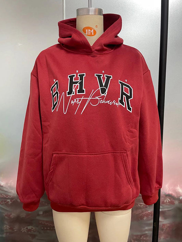 Keep Warm Letter Print Velvet Long Sleeves Loose Hooded Hoodies Tops