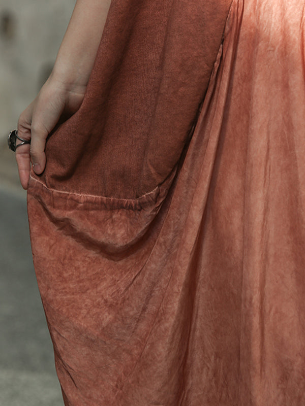 Pleated Split-Joint Loose Sleeveless Round-neck Maxi Dresses
