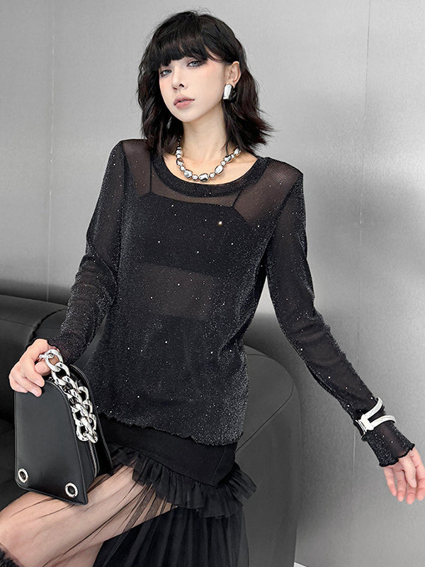 See-Through Shiny Long Sleeves Loose Round-Neck T-Shirts Tops