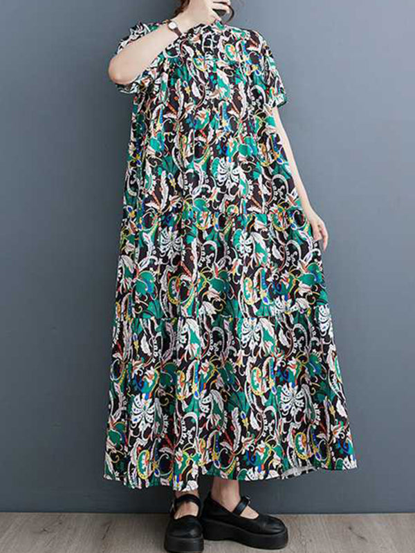 Printed Split-Joint A-Line Loose Stand Collar Midi Dresses