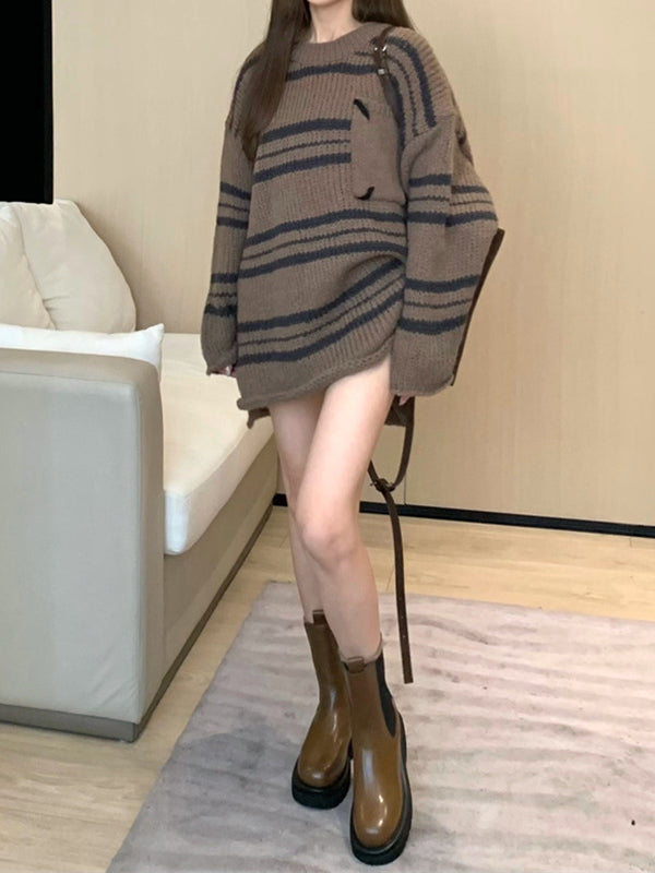 Split-Joint Striped Long Sleeves Loose Round-Neck Sweater