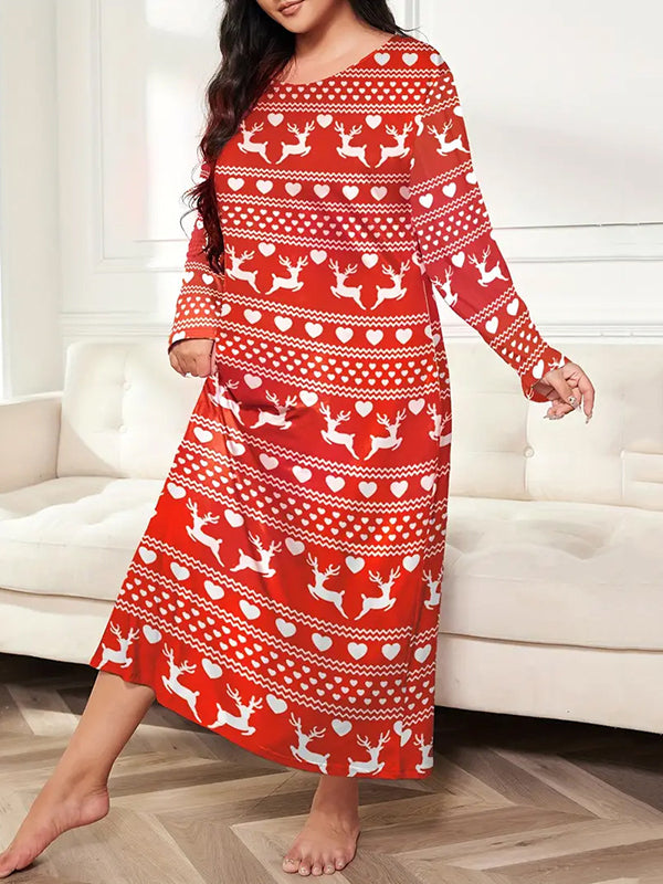 Animal Prints Printed Long Sleeves Loose Round-Neck Pajamas Maxi Dresses