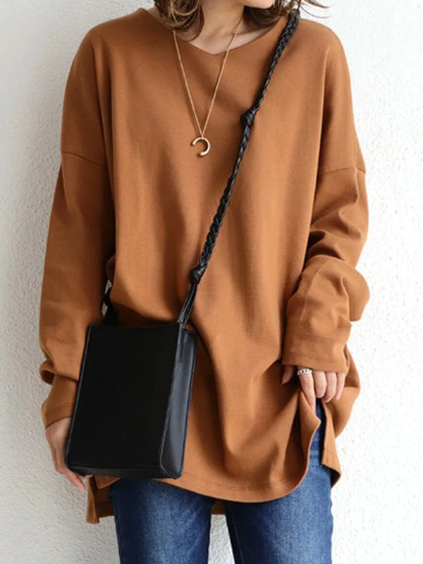 Solid Color Simple V-Neck High-Low Long Sleeve T-Shirts