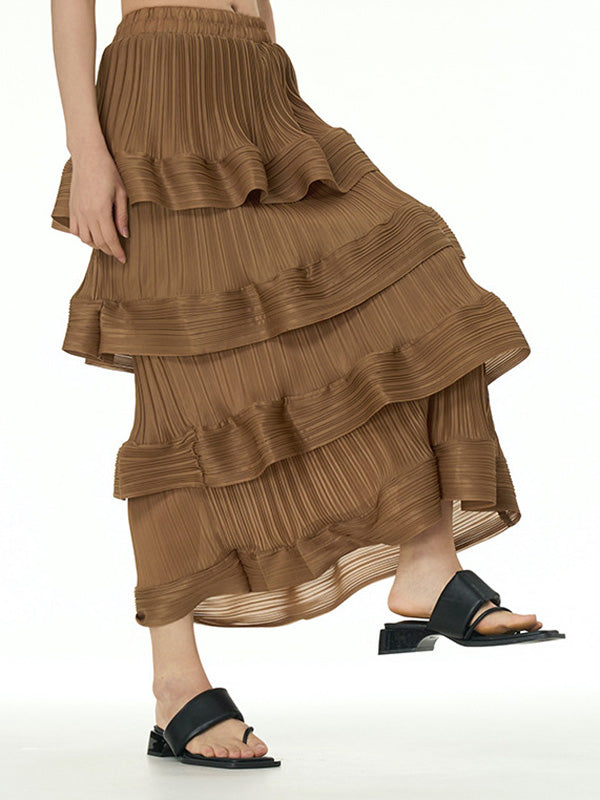 Elasticity Layered Pleated Ruffled Solid Color Loose Skirts Bottoms