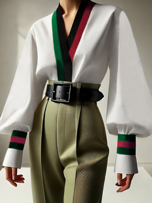 Contrast Color Pleated Long Sleeves Loose V-Neck Blouses&Shirts Tops